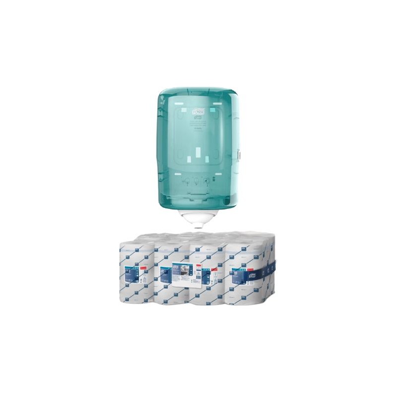 Pachet 12xRole Laveta hartie Tork Reflex Mini M3, 1 strat si Dispenser Tork Reflex Mini M3, culoare alb/turquoise