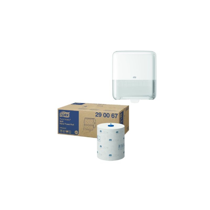 Pachet 6*Role prosoape hartie Tork Matic, 2 straturi si Dozator Prosoape pentru Maini Rola Tork Matic, alb