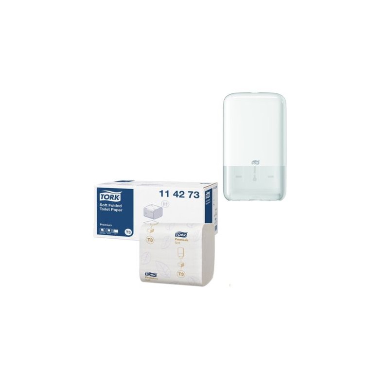 Pachet Hartie igienica Tork Bulk Soft, 2 straturi si Dozator Hartie Igienica Portionata Tork Folded, alb
