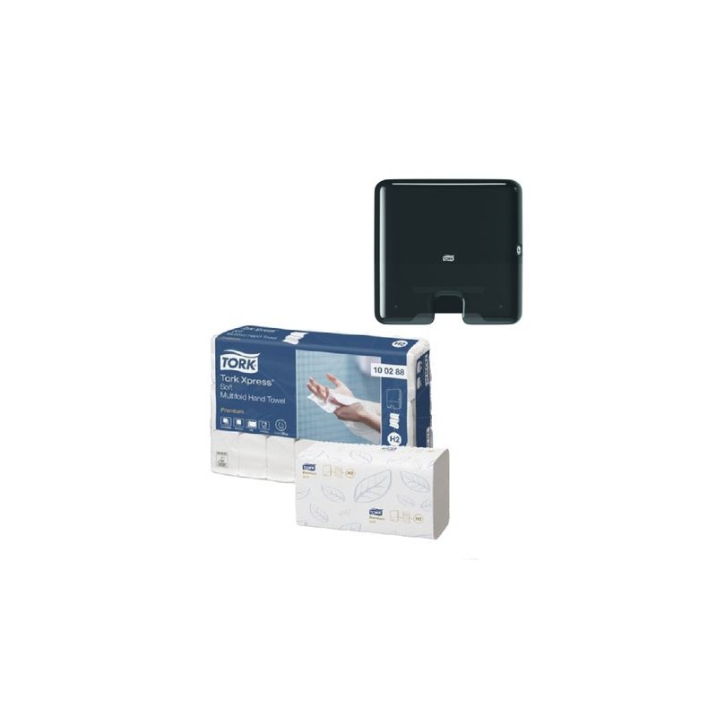 Pachet Prosoape hartie Tork Xpress, 2 straturi si Dozator Prosoape pentru Maini Pliate Tork Xpress Mini Multifold, negru