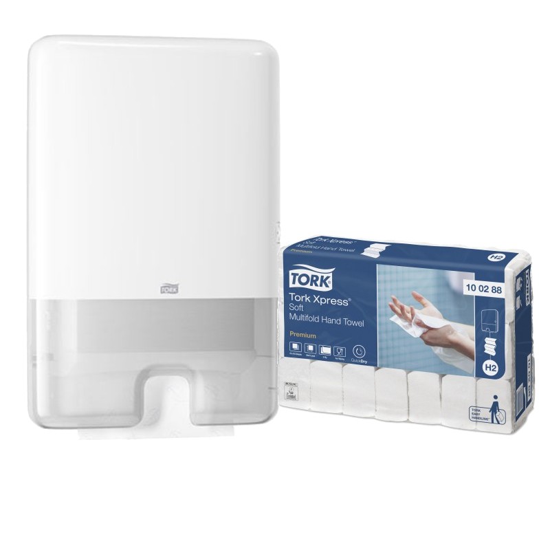 Pachet Prosoape hartie Tork Xpress, 2 straturi si Dozator Prosoape Pliate Tork Xpress® Mini Multifold, alb