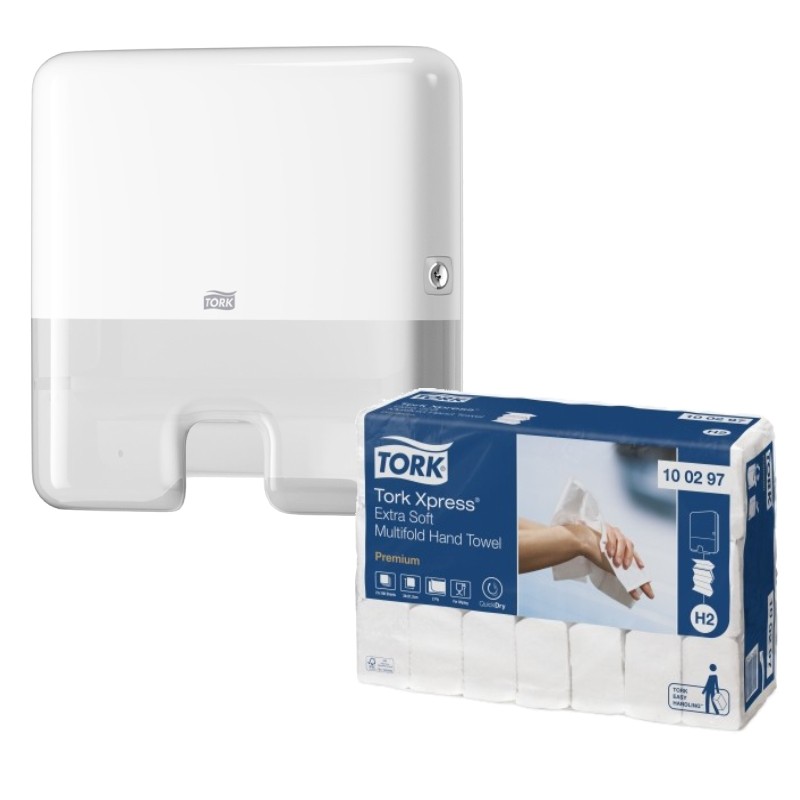 Pachet 21xProsoape M Xpress Extra Soft Multifold H2, 2 straturi si Dozator Prosoape Pliate Tork Xpress Mini Multifold H2, alb