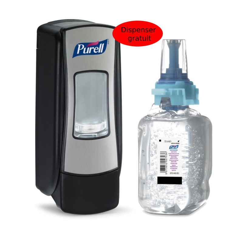 KIT Gel dezinfectant Purell Advanced ADX, 700ml + Dispenser PURELL ADX-7, culoare crom/negru