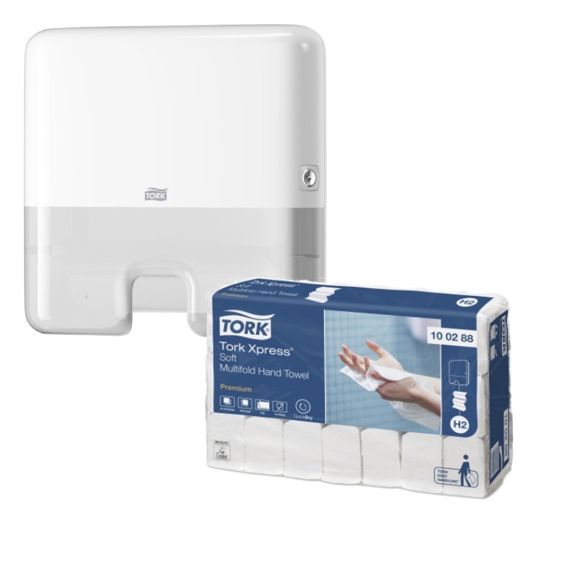 Pachet Prosoape hartie Tork Xpress, 2 straturi si Dozator Prosoape Pliate Tork Xpress® Mini Multifold, alb