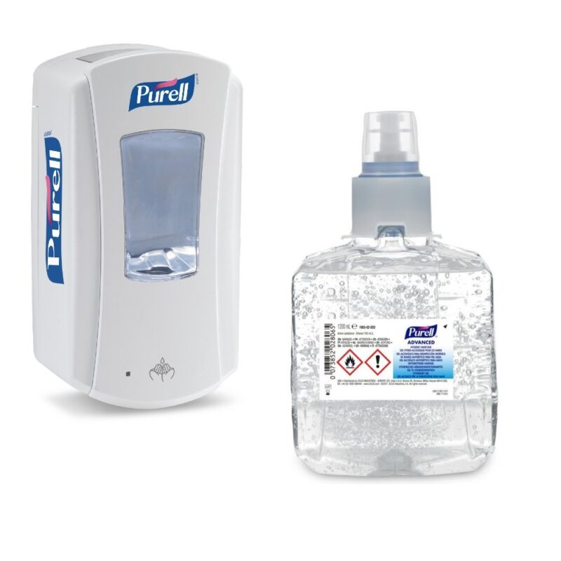 Pachet Gel dezinfectant Purell Advanced TFX 1200ml si Dispenser Purell TFX, culoare alb