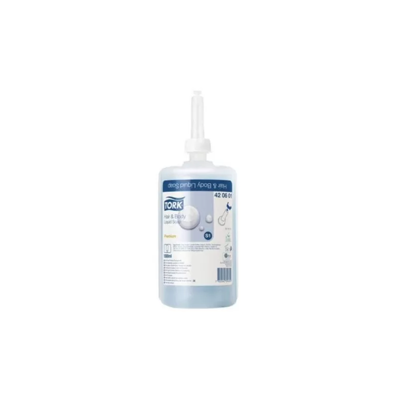 Pachet 6 buc*Sapun lichid pentru par si corp Tork, 1000ml si Dozator de sapun lichid si spray Tork, alb