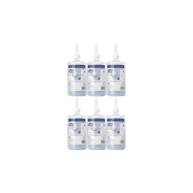 Pachet 6 buc*Sapun lichid pentru par si corp Tork, 1000ml si Dozator de sapun lichid si spray Tork, alb