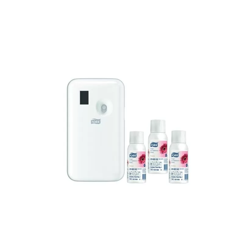 Pachet 3 buc*Odorizant aer tip spray Tork, miros floral si Dozator Spray Odorizant Tork, alb - TotalClean.ro Pachet 3 buc*Odorizant aer tip spray Tork, miros floral si Dozator Spray Odorizant Tork, alb
