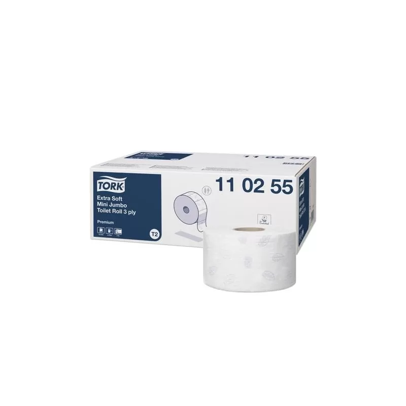 Pachet Hartie igienica Tork Extra Soft Mini Jumbo Premium, T2, 3 straturi, alb si Dozator hartie igienica Tork mini, T2, negru - TotalClean.ro Pachet Hartie igienica Tork Extra Soft Mini Jumbo Premium, T2, 3 straturi, alb si Dozator hartie igienica Tork mini, T2, negru