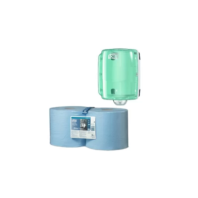 Pachet 2*Rola laveta industriala ultra-rezistenta, Tork si Dozator pentru lavete Tork Centrefeed Maxi, alb/turcoaz