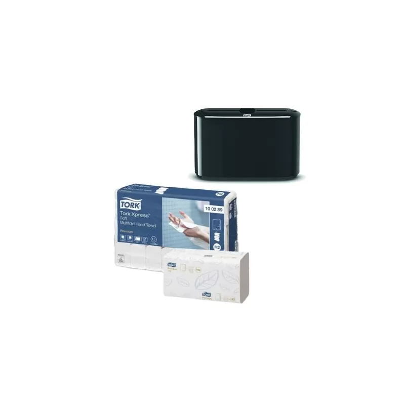 Pachet Prosoape hartie Tork Xpress, 2 straturi si Dozator Prosoape Pliate Tork Xpress Countertop Multifold, negru
