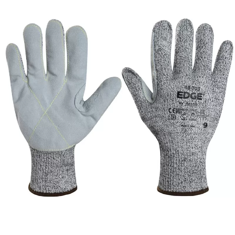 Manusi Ansell Edge 48-703, material tricot/in, palma piele, culoare gri, marime 8