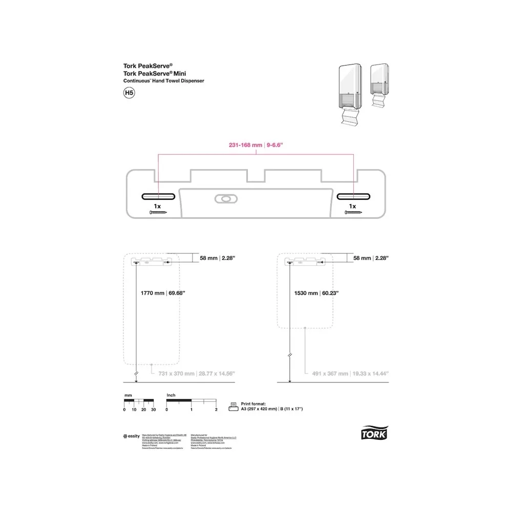 Dozator de prosoape pentru mâini Tork PeakServe® Mini Continuous™, alb