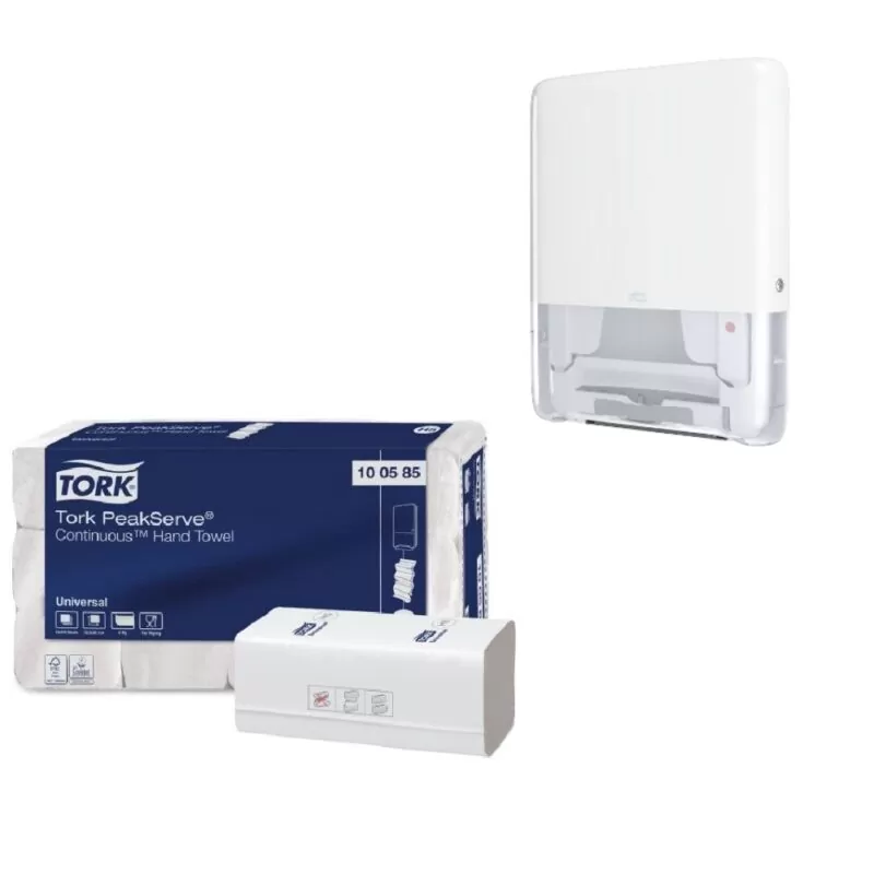 Kit Tork PeakServe Continuous, H5 Prosoape hartie 1 strat, 12 pachete si dozator de prosoape pentru mâini, alb