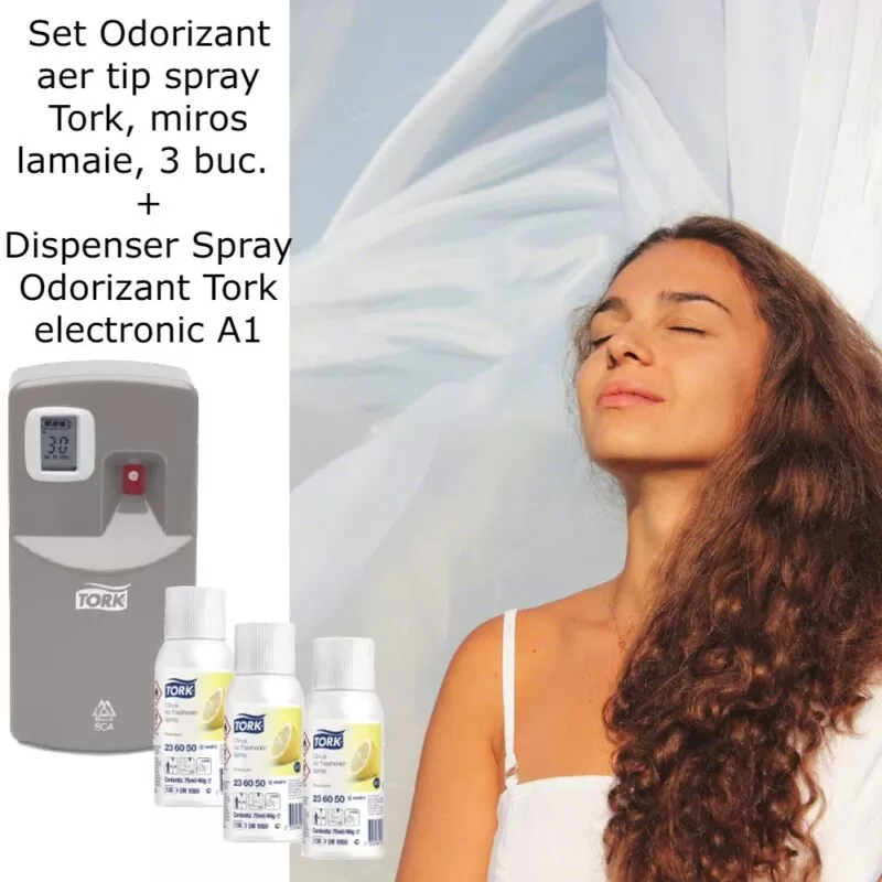 Pachet 3 buc*Odorizant aer tip spray Tork, miros lamaie si Dozator Spray Odorizant Tork, alb