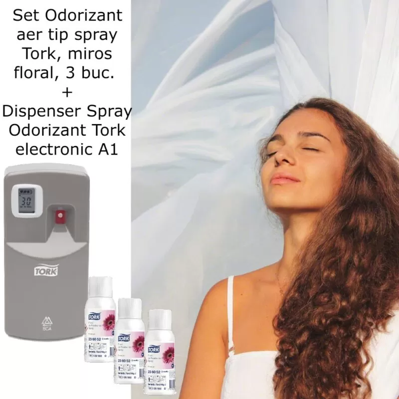 Pachet 3 buc*Odorizant aer tip spray Tork, miros lamaie si Dozator Spray Odorizant Tork, alb