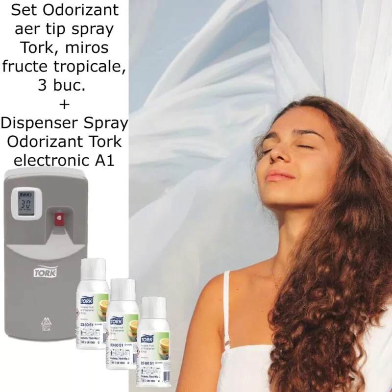 Pachet 3 buc*Odorizant aer tip spray Tork, miros lamaie si Dozator Spray Odorizant Tork, alb
